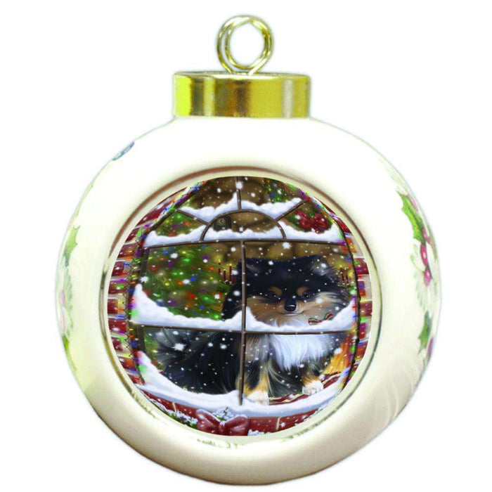 Please Come Home For Christmas Pomeranian Dog Sitting In Window Round Ball Christmas Ornament RBPOR53944