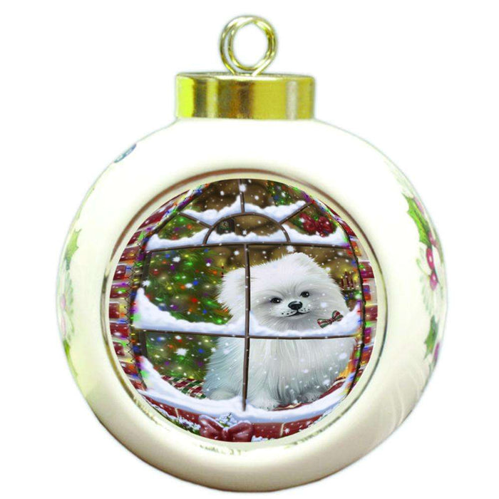 Please Come Home For Christmas Pomeranian Dog Sitting In Window Round Ball Christmas Ornament RBPOR53945
