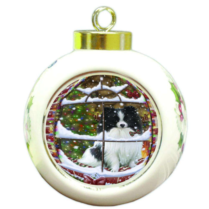 Please Come Home For Christmas Pomeranian Dog Sitting In Window Round Ball Christmas Ornament RBPOR53946