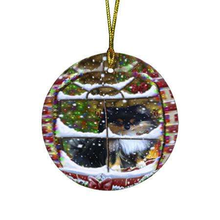 Please Come Home For Christmas Pomeranian Dog Sitting In Window Round Flat Christmas Ornament RFPOR53935