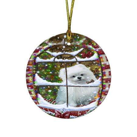 Please Come Home For Christmas Pomeranian Dog Sitting In Window Round Flat Christmas Ornament RFPOR53936