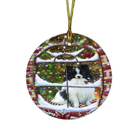 Please Come Home For Christmas Pomeranian Dog Sitting In Window Round Flat Christmas Ornament RFPOR53937