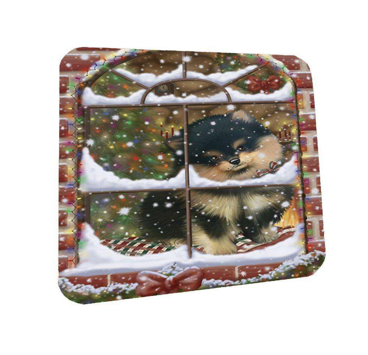 Please Come Home For Christmas Pomeranians Dog Sitting In Window Coasters Set of 4