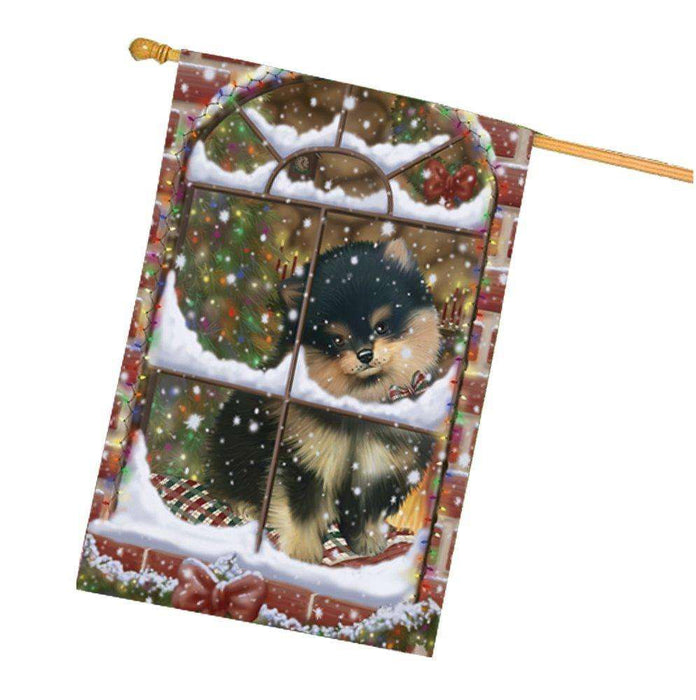Please Come Home For Christmas Pomeranians Sitting In Window House Flag