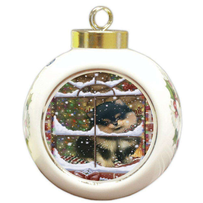 Please Come Home For Christmas Pomeranians Sitting In Window Round Ball Ornament