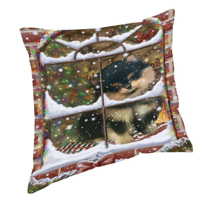 Please Come Home For Christmas Pomeranians Sitting In Window Throw Pillow