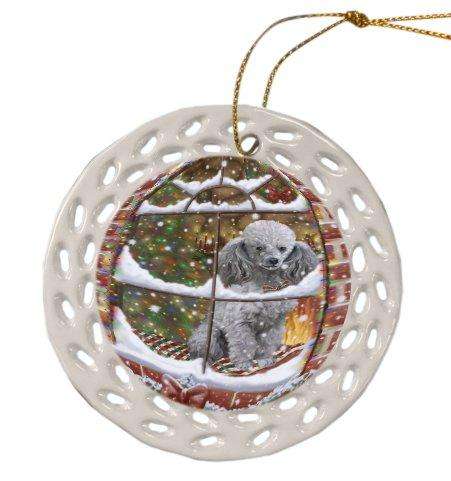 Please Come Home For Christmas Poodle Dog Sitting In Window Ceramic Doily Ornament DPOR48585