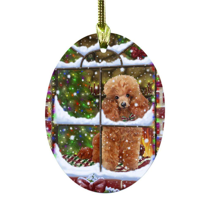 Please Come Home For Christmas Poodle Dog Sitting In Window Oval Glass Christmas Ornament OGOR49196