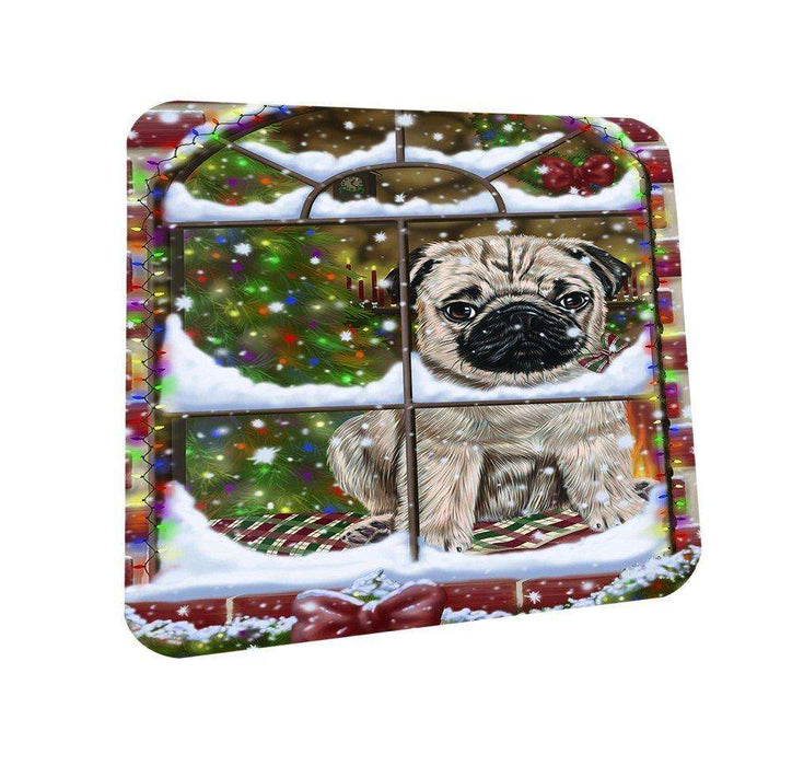 Please Come Home For Christmas Pug Dog Sitting In Window Coasters Set of 4