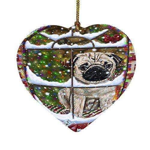 Please Come Home For Christmas Pug Dog Sitting In Window Heart Ornament D370