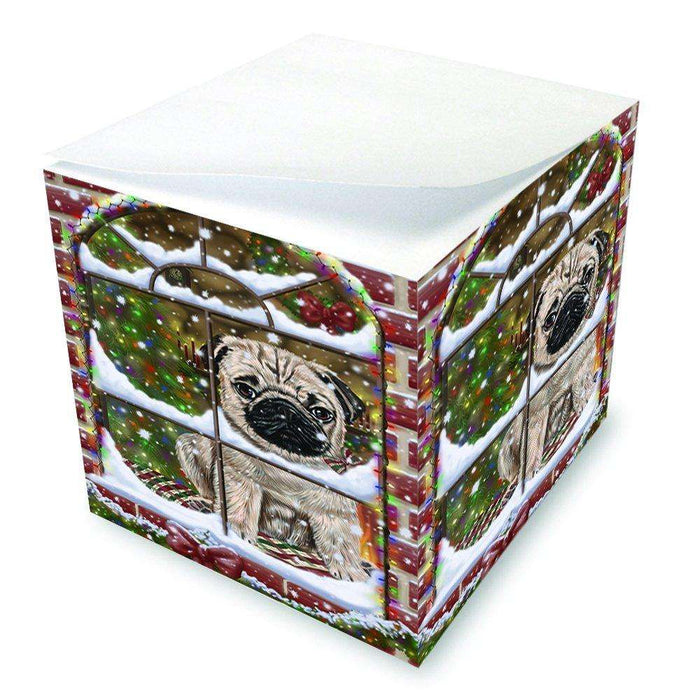 Please Come Home For Christmas Pug Dog Sitting In Window Note Cube D452