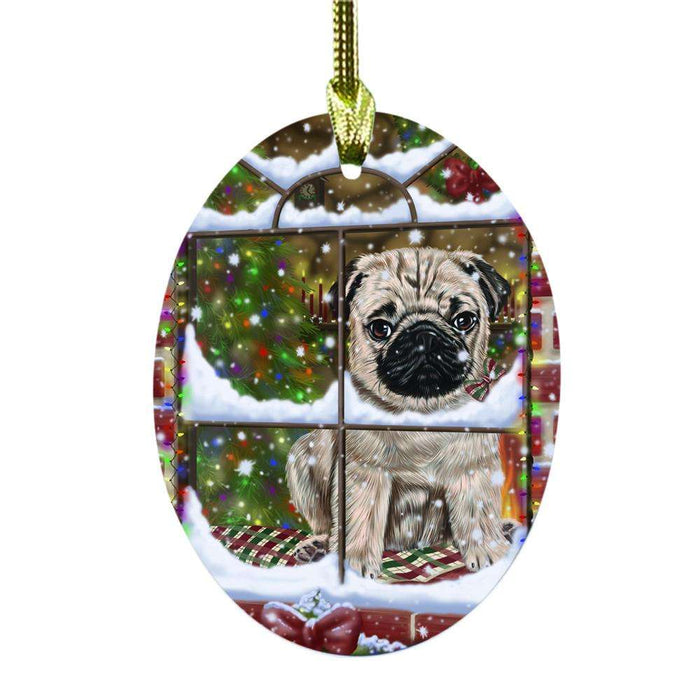 Please Come Home For Christmas Pug Dog Sitting In Window Oval Glass Christmas Ornament OGOR49197