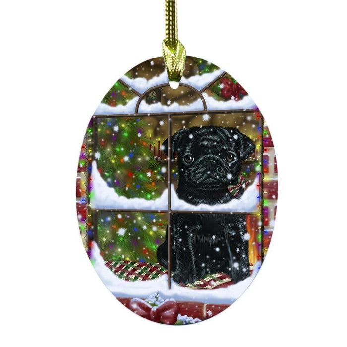 Please Come Home For Christmas Pug Dog Sitting In Window Oval Glass Christmas Ornament OGOR49198