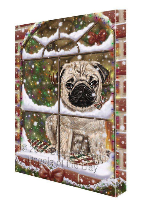 Please Come Home For Christmas Pug Dog Sitting In Window Painting Printed on Canvas Wall Art