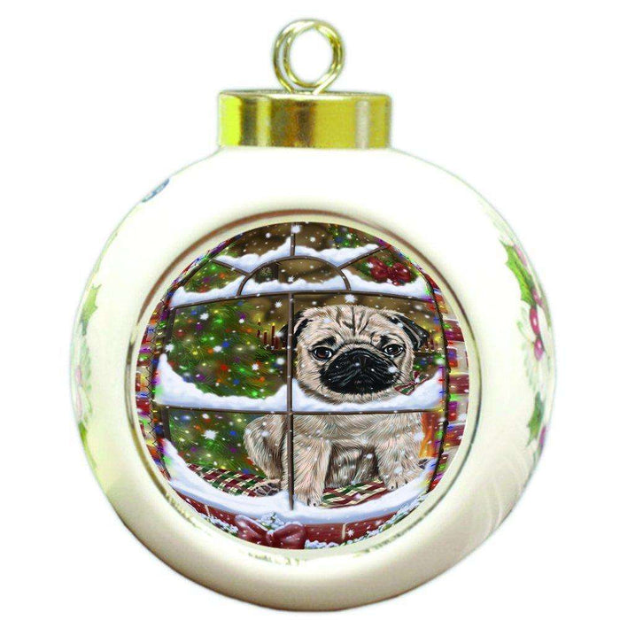 Please Come Home For Christmas Pug Dog Sitting In Window Round Ball Ornament D398