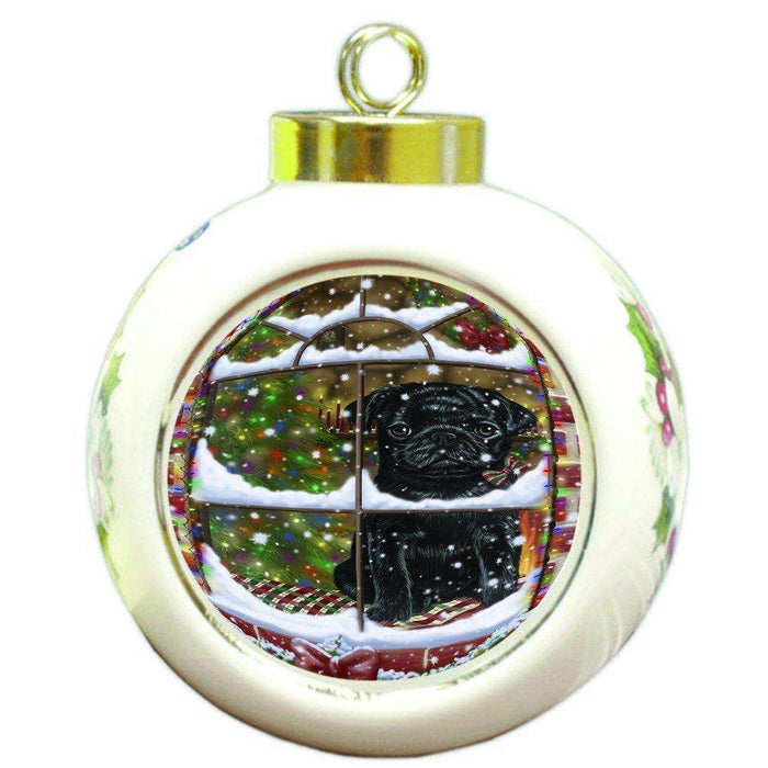 Please Come Home For Christmas Pug Dog Sitting In Window Round Ball Ornament D399