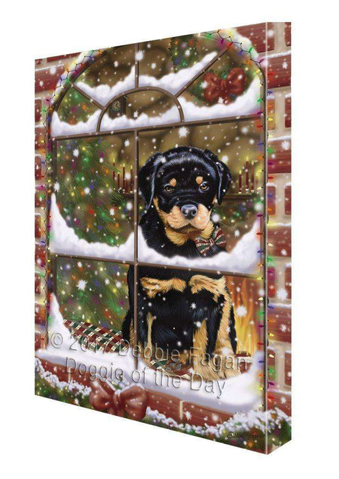 Please Come Home For Christmas Rottweiler Dog Sitting In Window Canvas Wall Art