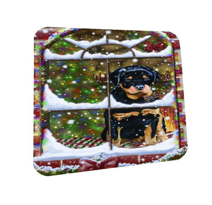 Please Come Home For Christmas Rottweiler Dog Sitting In Window Coasters Set of 4