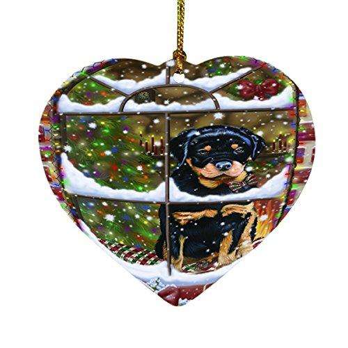 Please Come Home For Christmas Rottweiler Dog Sitting In Window Heart Ornament D373