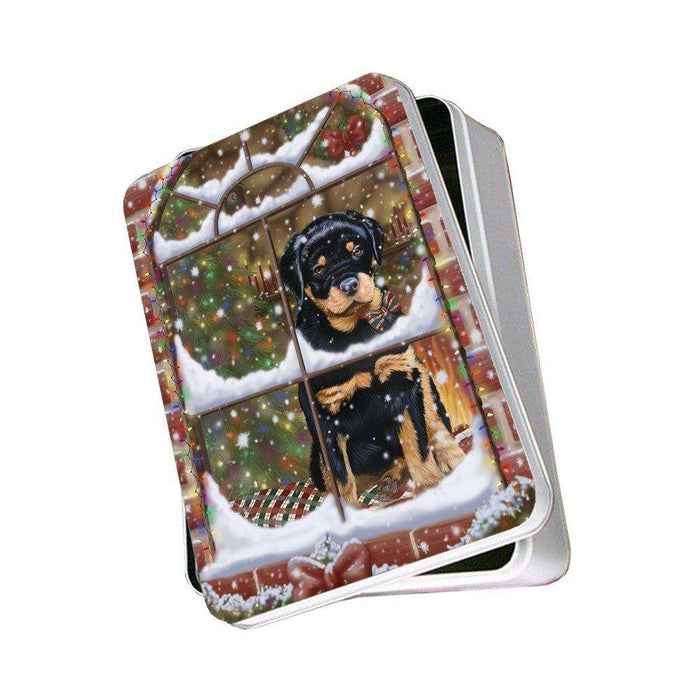 Please Come Home For Christmas Rottweiler Dog Sitting In Window Photo Storage Tin