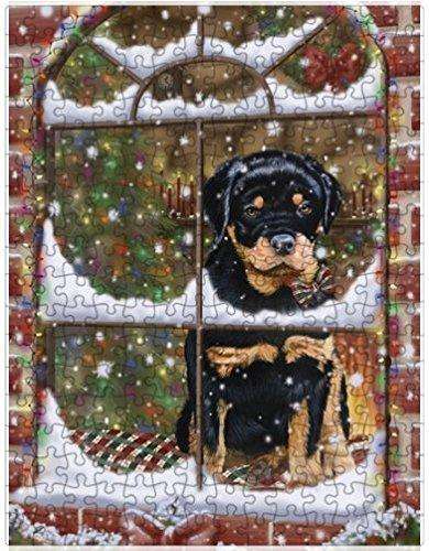 Please Come Home For Christmas Rottweiler Dog Sitting In Window Puzzle with Photo Tin