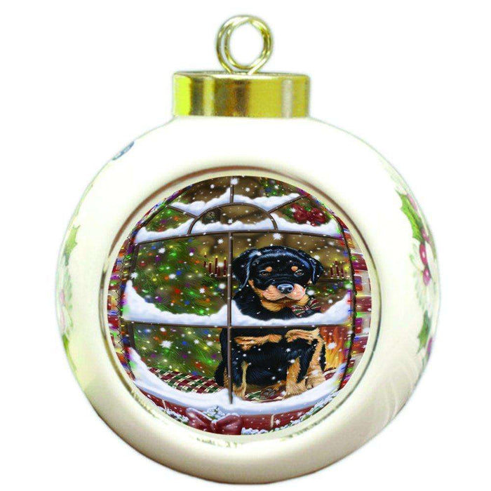 Please Come Home For Christmas Rottweiler Dog Sitting In Window Round Ball Ornament D401