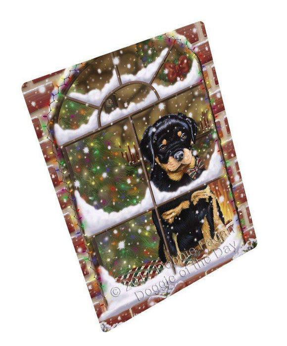 Please Come Home For Christmas Rottweiler Dog Sitting In Window Tempered Cutting Board