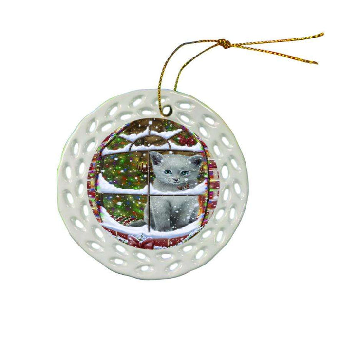 Please Come Home For Christmas Russian Blue Cat Sitting In Window Ceramic Doily Ornament DPOR53644