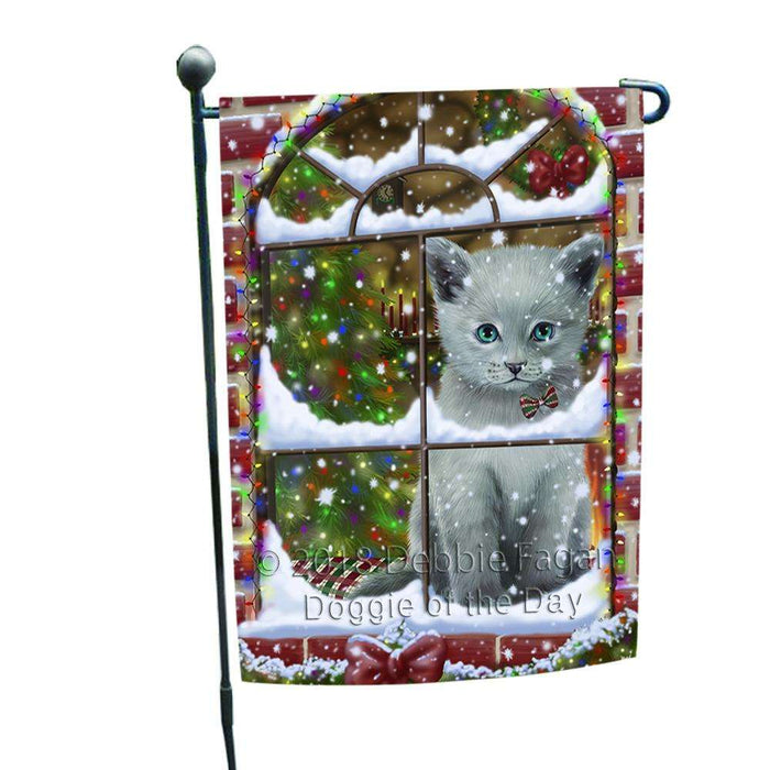 Please Come Home For Christmas Russian Blue Cat Sitting In Window Garden Flag GFLG53706