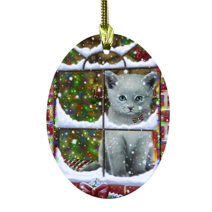 Please Come Home For Christmas Russian Blue Cat Sitting In Window Oval Glass Christmas Ornament OGOR49202