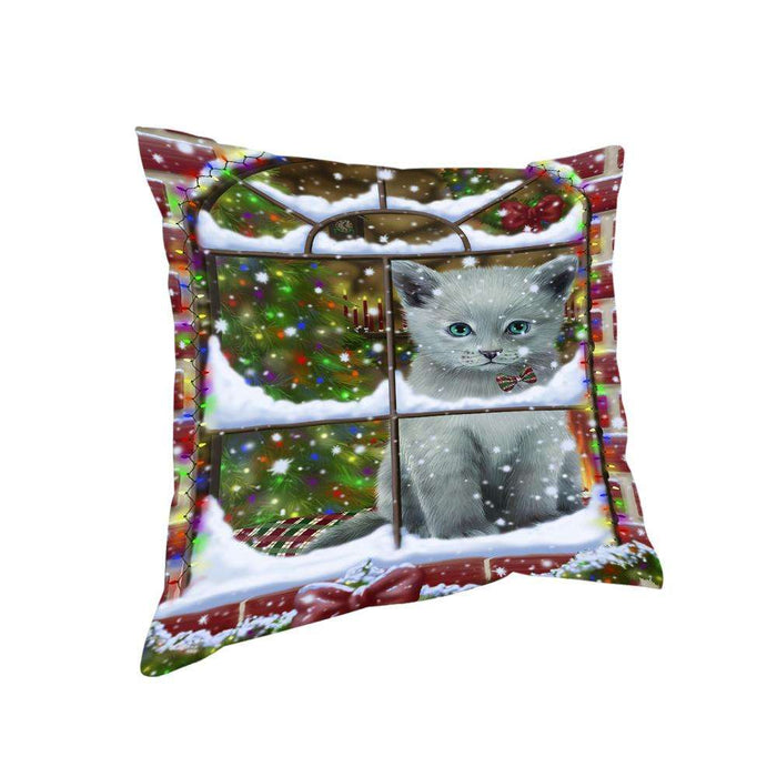 Please Come Home For Christmas Russian Blue Cat Sitting In Window Pillow PIL71200