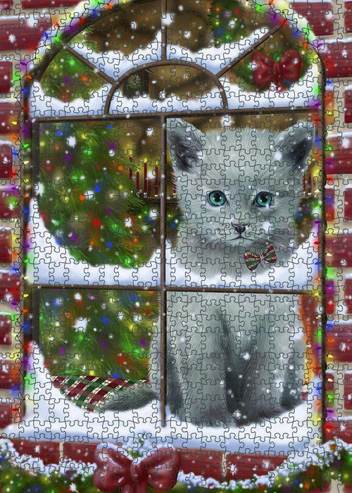 Please Come Home For Christmas Russian Blue Cat Sitting In Window Puzzle with Photo Tin PUZL81732