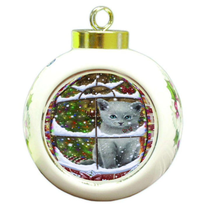 Please Come Home For Christmas Russian Blue Cat Sitting In Window Round Ball Christmas Ornament RBPOR53644