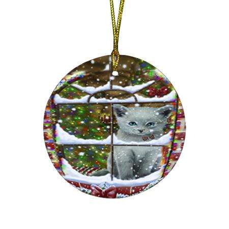 Please Come Home For Christmas Russian Blue Cat Sitting In Window Round Flat Christmas Ornament RFPOR53635