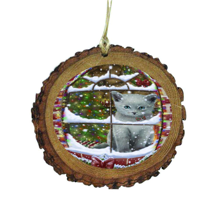 Please Come Home For Christmas Russian Blue Cat Sitting In Window Wooden Christmas Ornament WOR49202