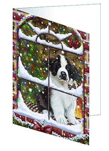 Please Come Home For Christmas Saint Bernard Dog Sitting In Window Handmade Artwork Assorted Pets Greeting Cards and Note Cards with Envelopes for All Occasions and Holiday Seasons