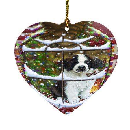Please Come Home For Christmas Saint Bernard Dog Sitting In Window Heart Ornament D379