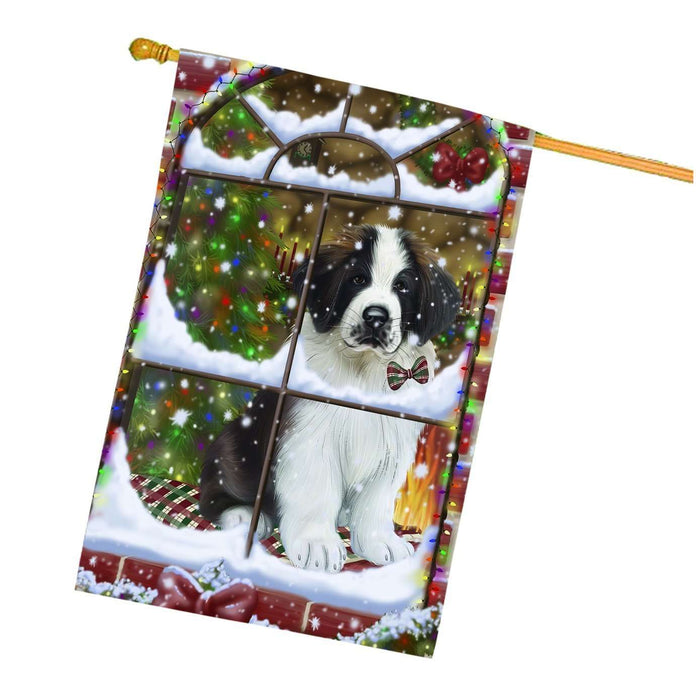 Please Come Home For Christmas Saint Bernard Dog Sitting In Window House Flag