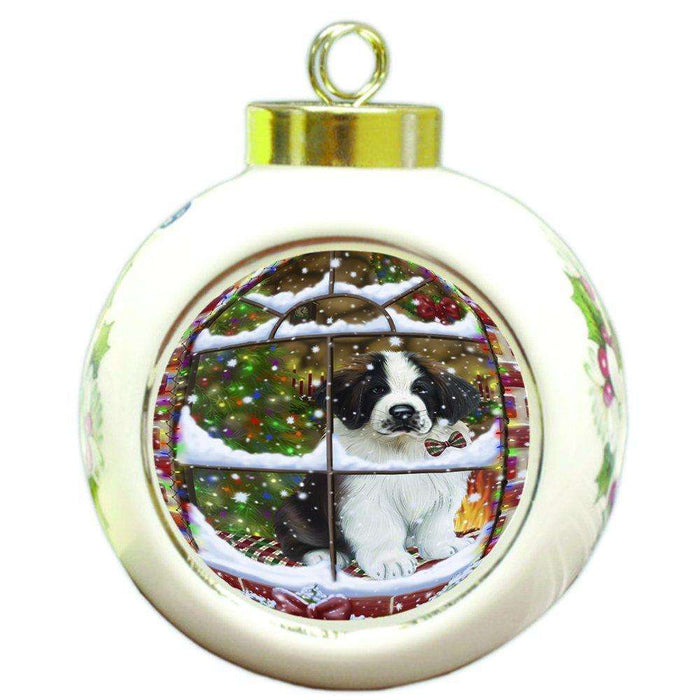 Please Come Home For Christmas Saint Bernard Dog Sitting In Window Round Ball Ornament D407