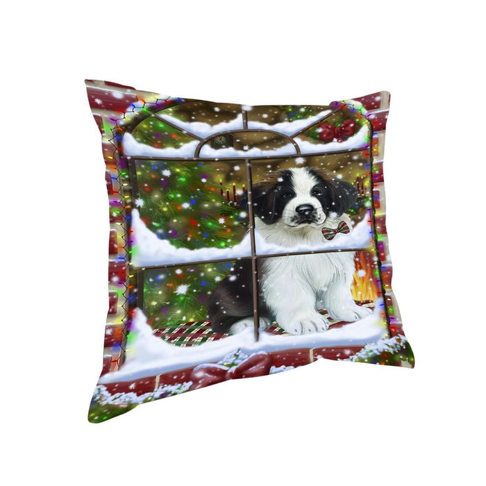 Please Come Home For Christmas Saint Bernard Dog Sitting In Window Throw Pillow