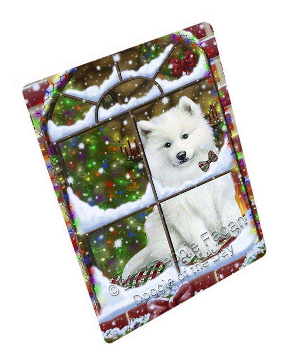 Please Come Home For Christmas Samoyed Dog Sitting In Window Art Portrait Print Woven Throw Sherpa Plush Fleece Blanket D121