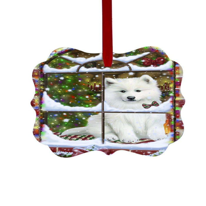 Please Come Home For Christmas Samoyed Dog Sitting In Window Double-Sided Photo Benelux Christmas Ornament LOR49203