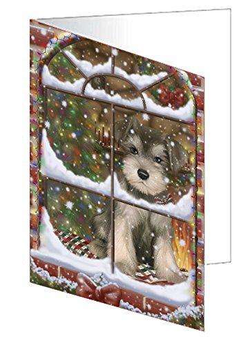 Please Come Home For Christmas Schnauzer Dog Sitting In Window Handmade Artwork Assorted Pets Greeting Cards and Note Cards with Envelopes for All Occasions and Holiday Seasons GCD49448