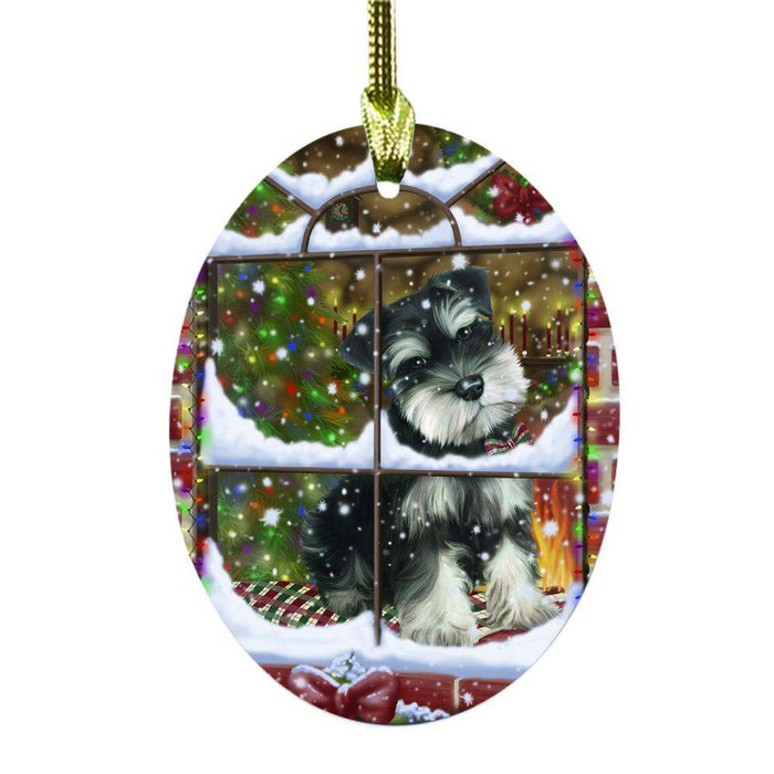 Please Come Home For Christmas Schnauzer Dog Sitting In Window Oval Glass Christmas Ornament OGOR49204