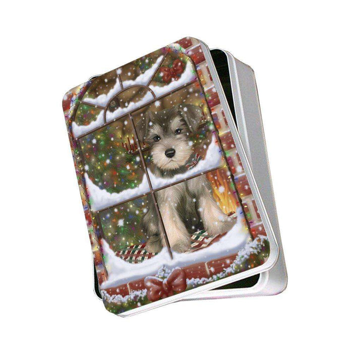 Please Come Home For Christmas Schnauzer Dog Sitting In Window Photo Storage Tin PITN48424