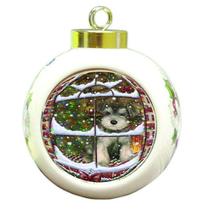 Please Come Home For Christmas Schnauzer Dog Sitting In Window Round Ball Christmas Ornament RBPOR48424