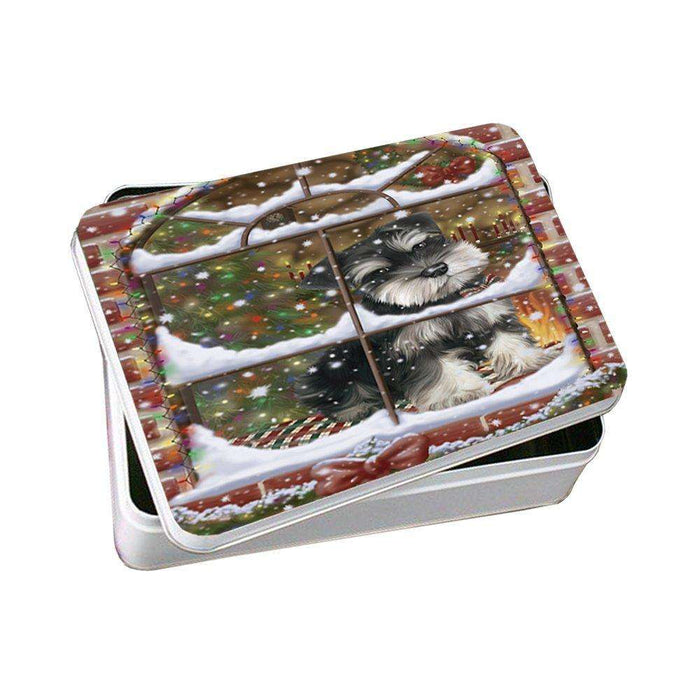 Please Come Home For Christmas Schnauzers Sitting In Window Photo Storage Tin