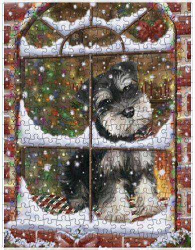 Please Come Home For Christmas Schnauzers Sitting In Window Puzzle with Photo Tin