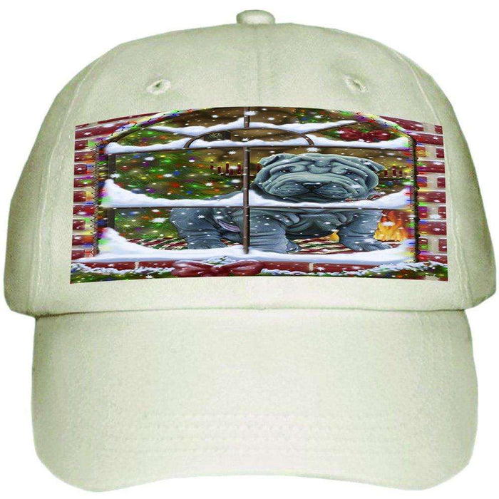 Please Come Home For Christmas Shar Pei Dog Sitting In Window Ball Hat Cap HAT49011