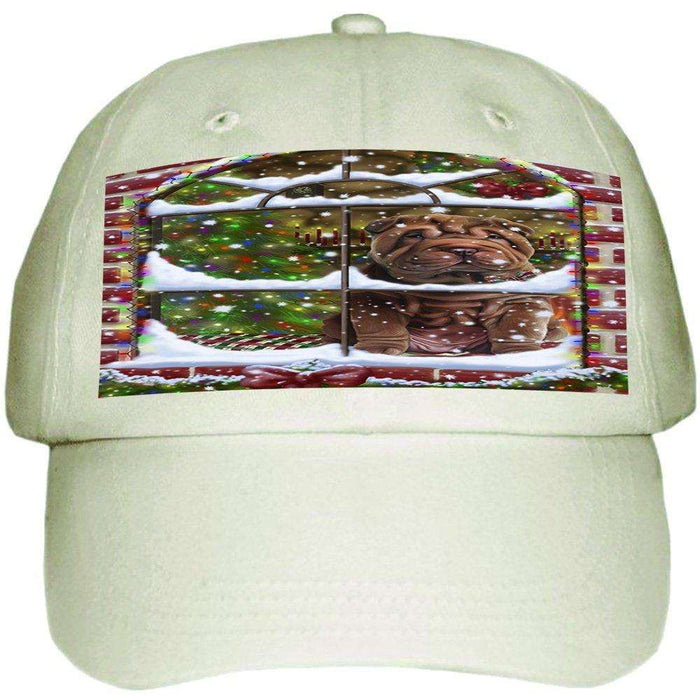 Please Come Home For Christmas Shar Pei Dog Sitting In Window Ball Hat Cap HAT49014